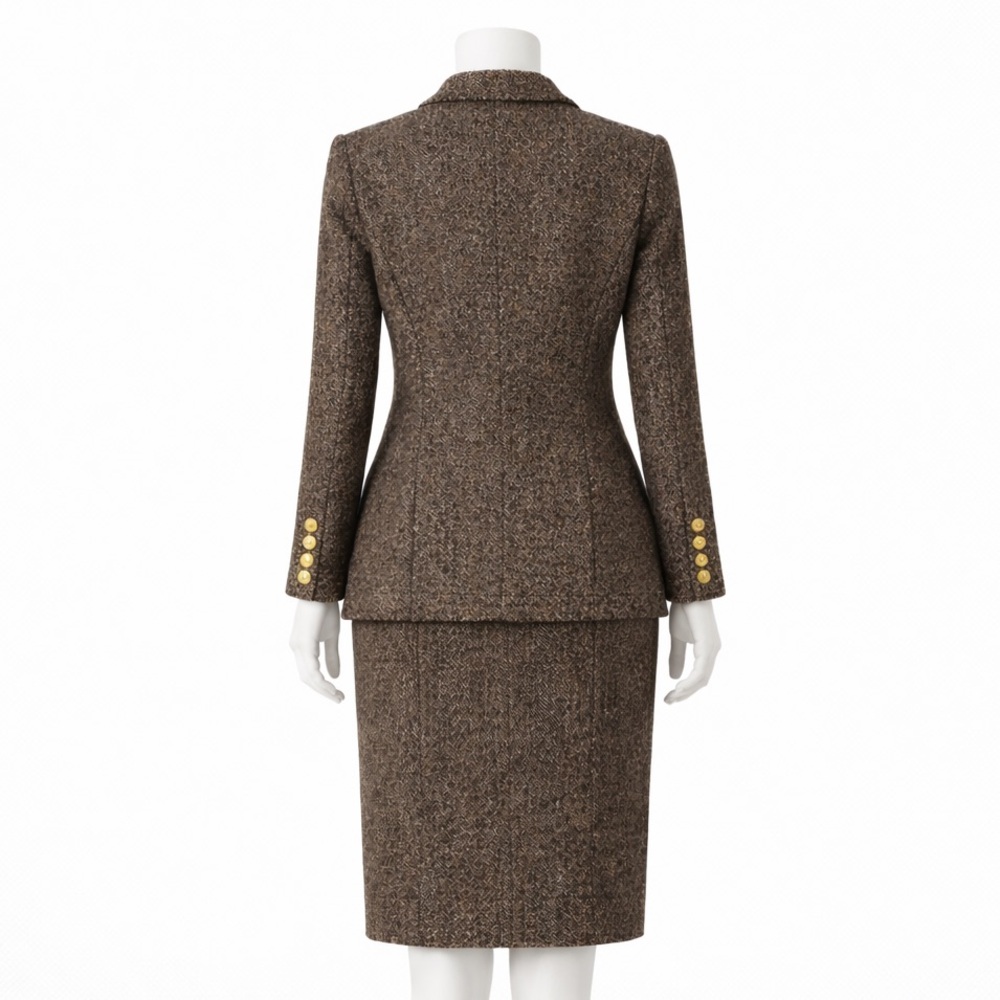 Salvatore Ferragamo Vintage Brown Tweed Skirt Suit Wool Italy IT 44 Size 6 / 8 - Picture 3 of 13